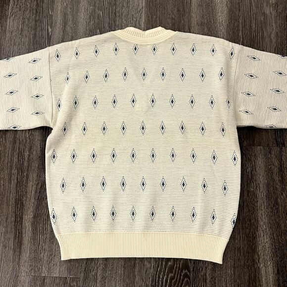 EUC Vintage St. Croix Knits Wool V Neck Sweater Cream Blue Diamond USA Made Sz L - Picture 6 of 16